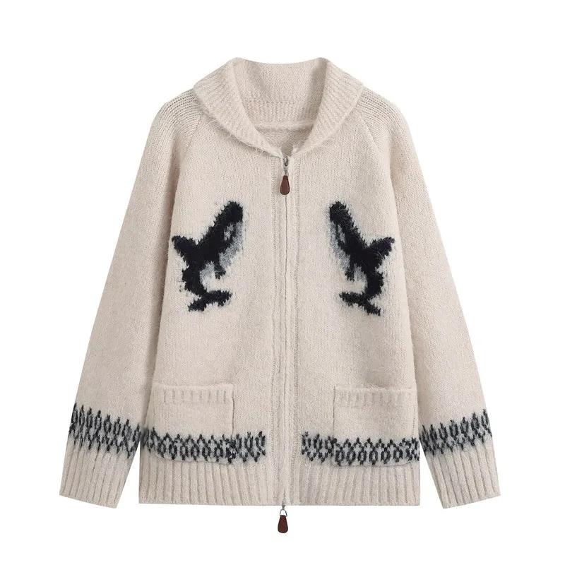 Damen Grobgestrickter Zip-Cardigan mit Schalkragen und Intarsia-Motiv Drune