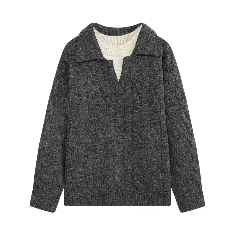 Damen Grobgestrickter Oversize-Pullover mit Polokragen und Zopfmuster Drune