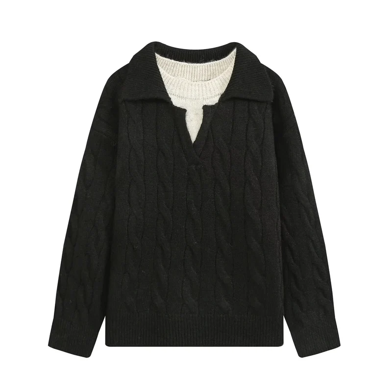 Damen Grobgestrickter Oversize-Pullover mit Polokragen und Zopfmuster Drune