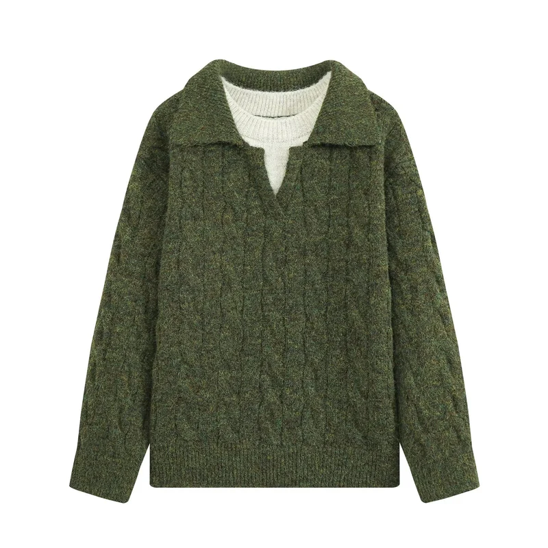 Damen Grobgestrickter Oversize-Pullover mit Polokragen und Zopfmuster Drune