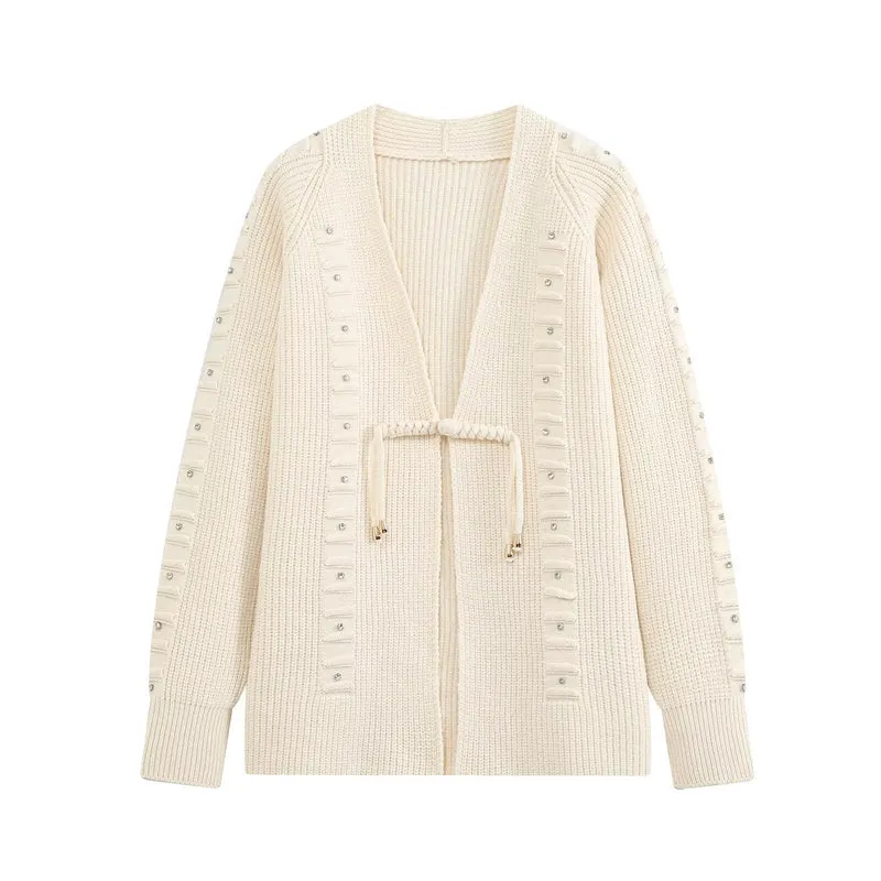 Damen Grobgestrickter Longcardigan mit Ziersteinen und Kordelbindung Drune