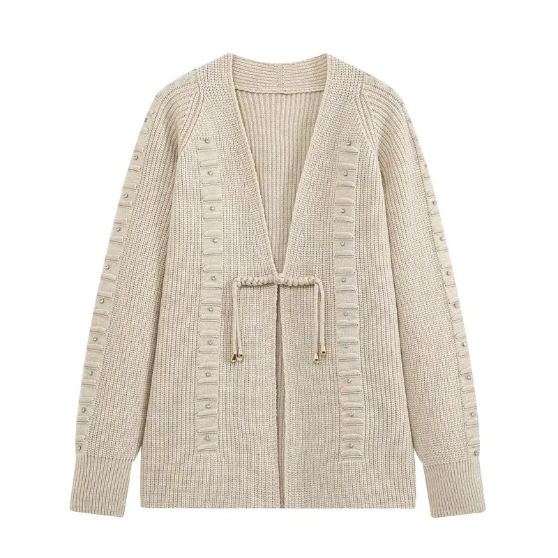 Damen Grobgestrickter Longcardigan mit Ziersteinen und Kordelbindung Drune