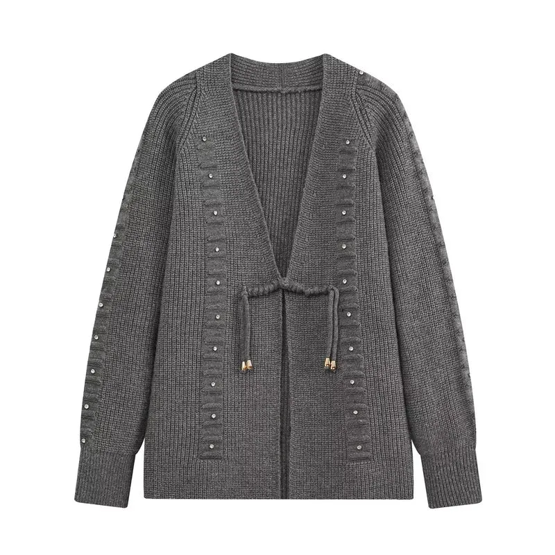 Damen Grobgestrickter Longcardigan mit Ziersteinen und Kordelbindung Drune