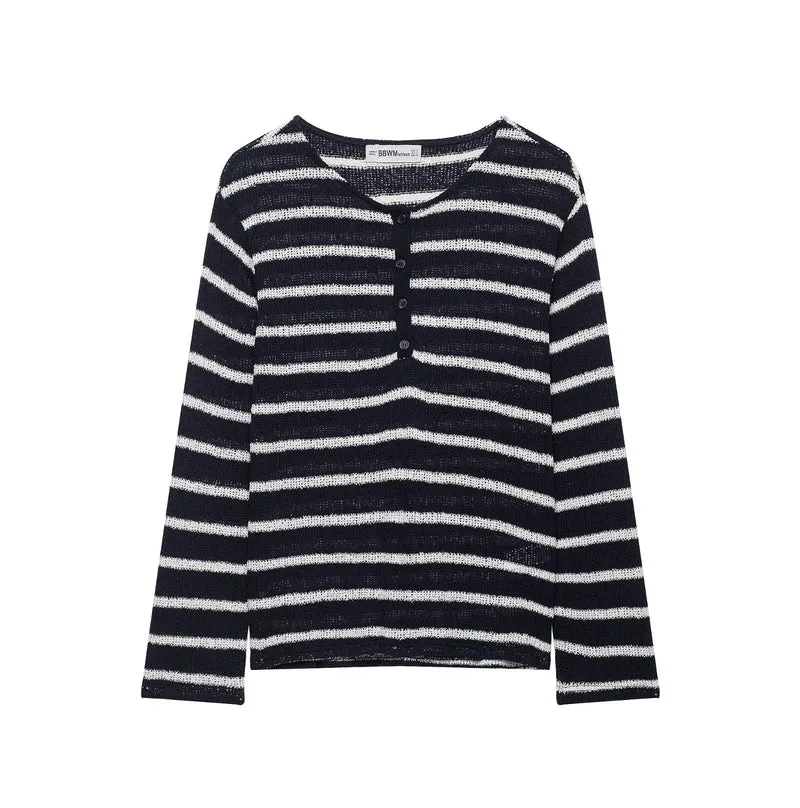 Damen Gestreifter Strick-Henleypullover mit Knopfleiste und Leichtstruktur Drune