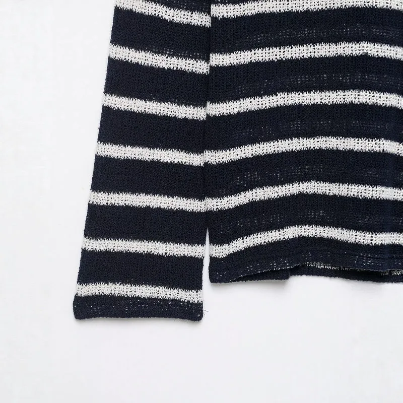 Damen Gestreifter Strick-Henleypullover mit Knopfleiste und Leichtstruktur Drune