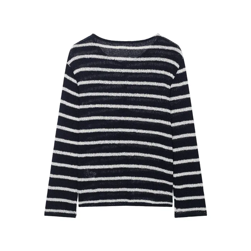Damen Gestreifter Strick-Henleypullover mit Knopfleiste und Leichtstruktur Drune