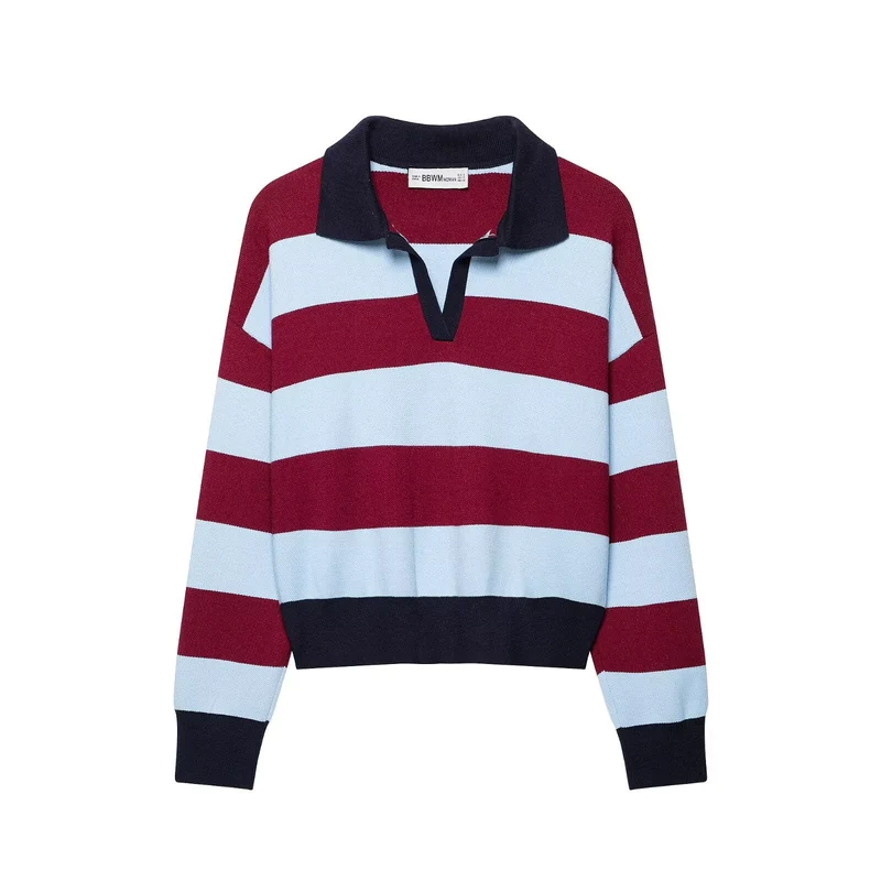 Damen Gestreifter Rugby-Pullover mit Polokragen und V-Ausschnitt Drune