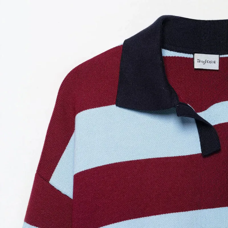 Damen Gestreifter Rugby-Pullover mit Polokragen und V-Ausschnitt Drune