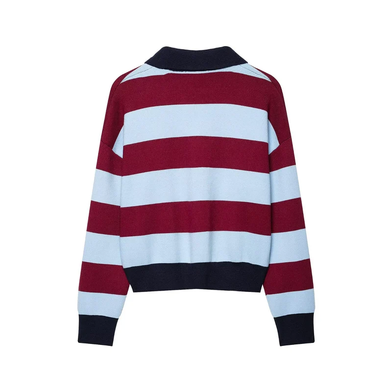 Damen Gestreifter Rugby-Pullover mit Polokragen und V-Ausschnitt Drune