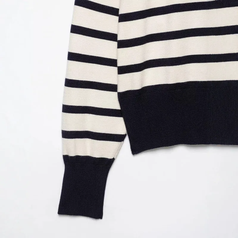 Damen Gestreifter Feinstrick-Pullover mit Halbreißverschluss und Stehkragen Drune
