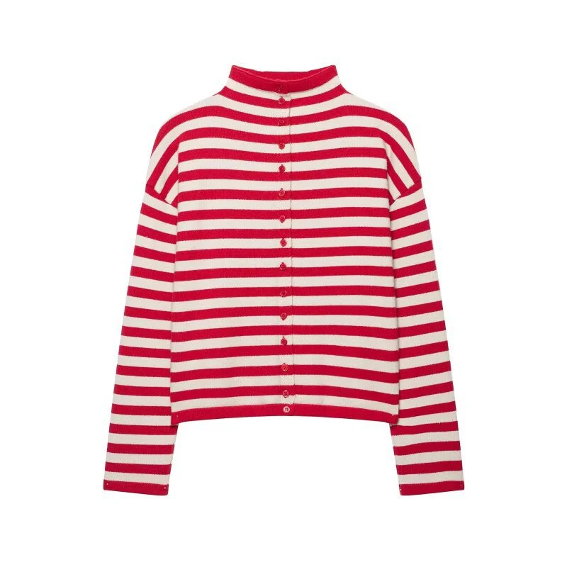 Damen gestreifter Feinstrick-Cardigan mit Stehkragen und durchgehender Knopfleiste Drune