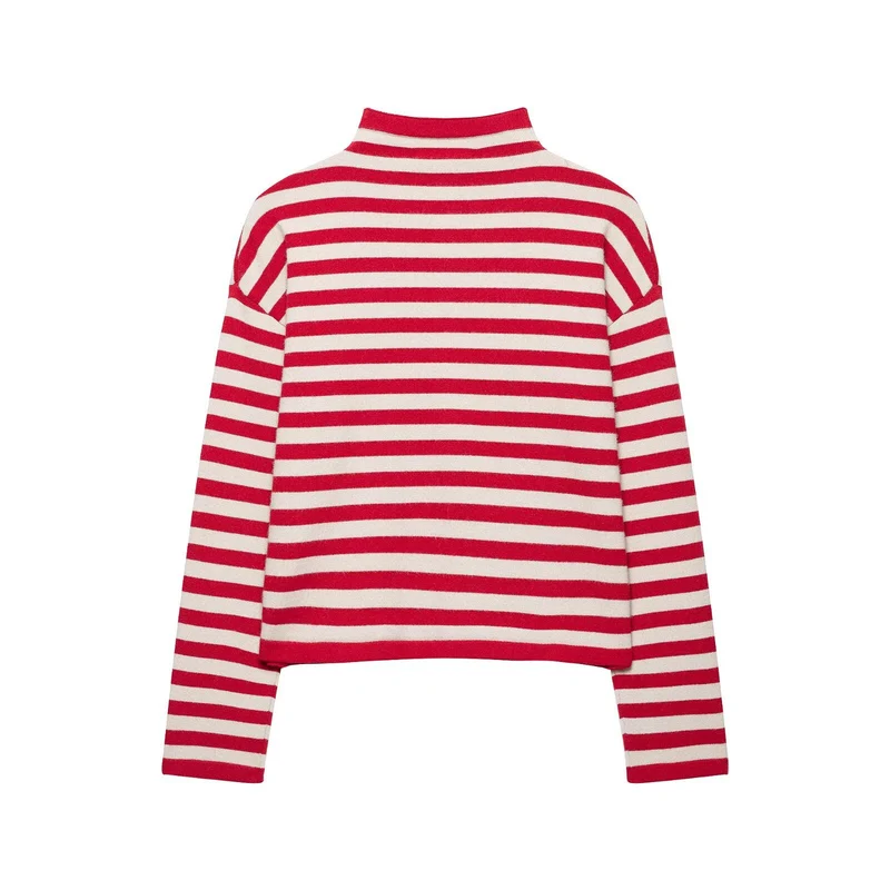 Damen gestreifter Feinstrick-Cardigan mit Stehkragen und durchgehender Knopfleiste Drune