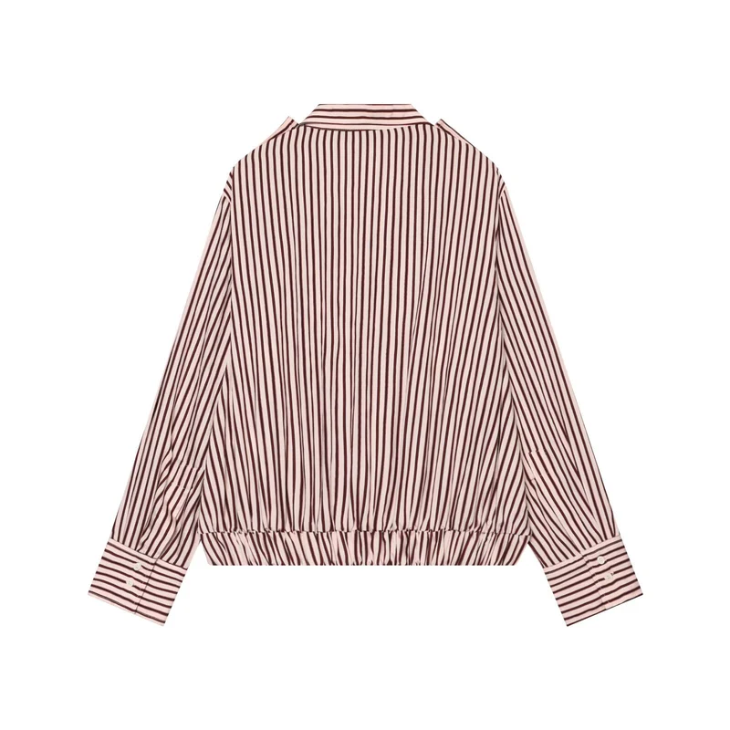 Damen Gestreifte Oversized Hemdjacke mit Tunnelzugsaum und Pattentaschen Drune