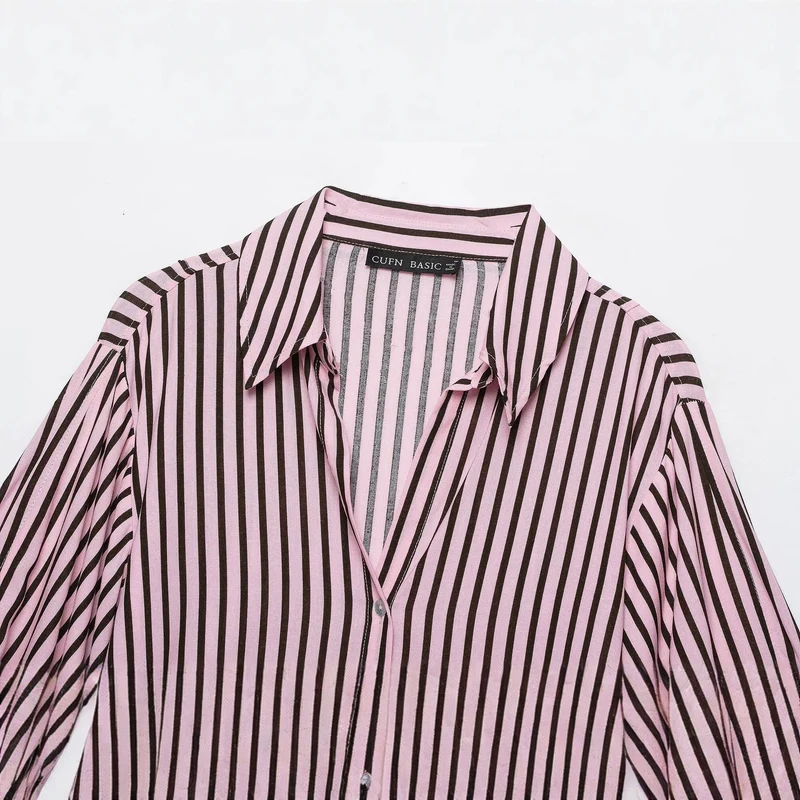 Damen Gestreifte Oversize-Bluse mit Ballonärmeln und durchgehender Knopfleiste Drune