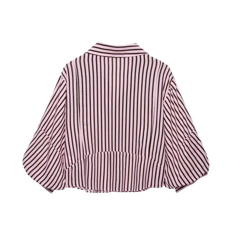 Damen Gestreifte Oversize-Bluse mit Ballonärmeln und durchgehender Knopfleiste Drune