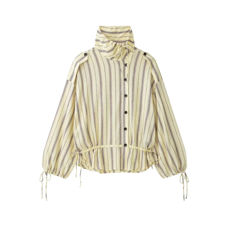 Damen Gestreifte Leichte Blousonjacke mit Standkragen und Tunnelzug Drune