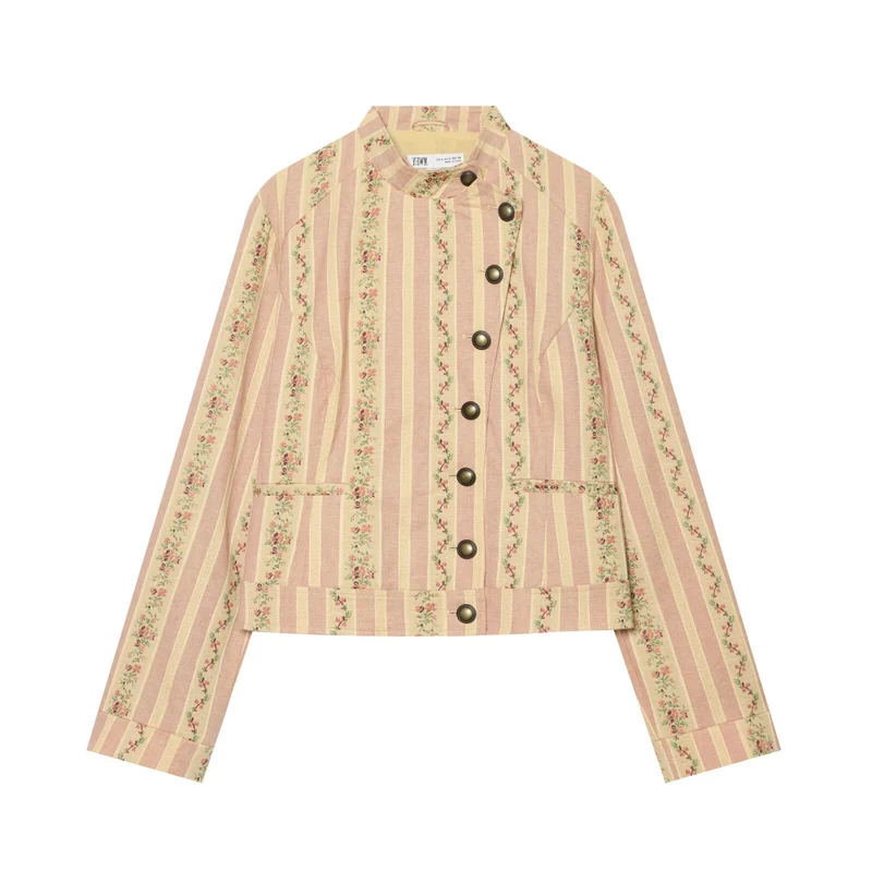 Damen Gestreifte Kurzjacke im Vintage-Look mit Stehkragen und asymmetrischer Knopfleiste Drune