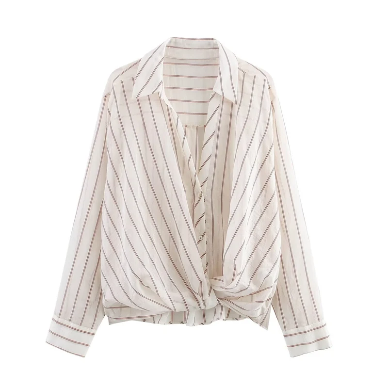 Damen Gestreifte Bluse mit Knotenfront und Hemdkragen Drune