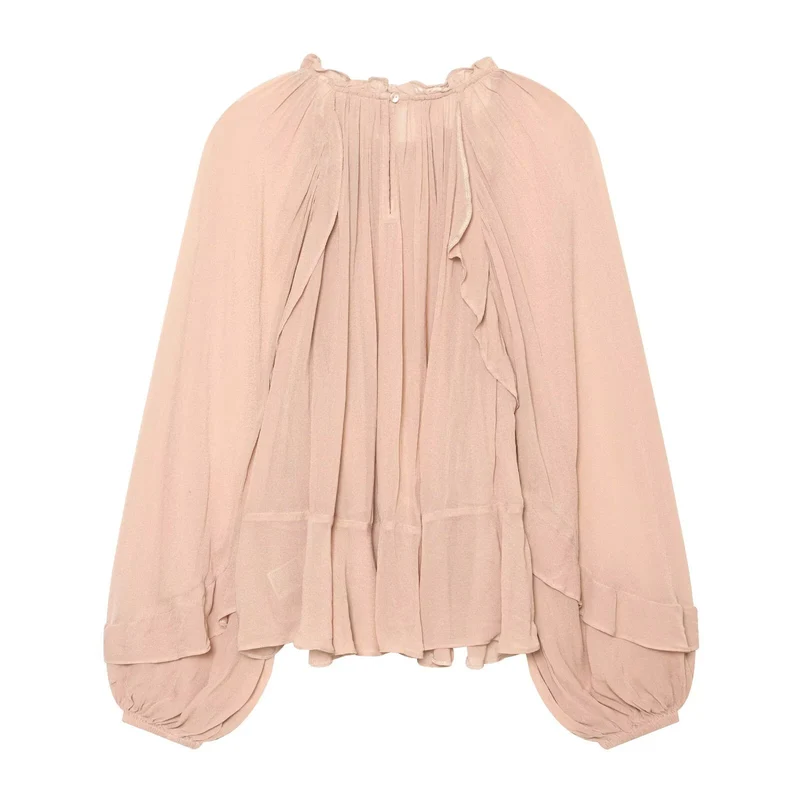 Damen Gerüschte Plissee‑Chiffonbluse mit Stehkragen und Ballonärmeln Drune