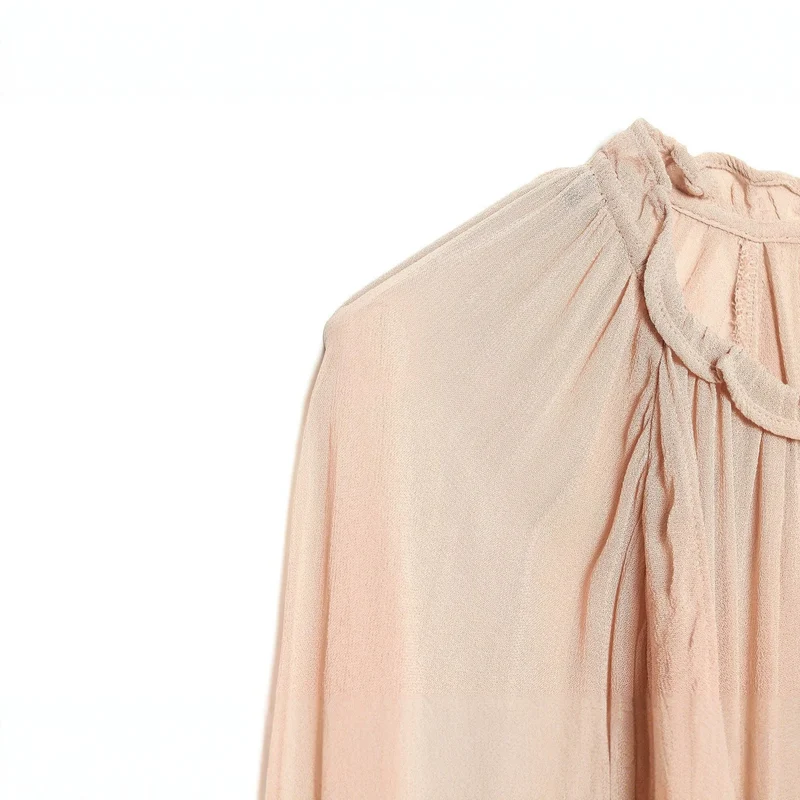 Damen Gerüschte Plissee‑Chiffonbluse mit Stehkragen und Ballonärmeln Drune