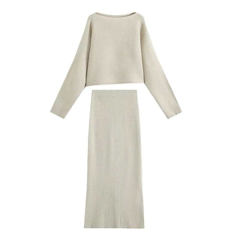 Damen Gerippter Strick-Zweiteiler mit kurzem Bateau-Pullover und tailliertem Midirock Drune