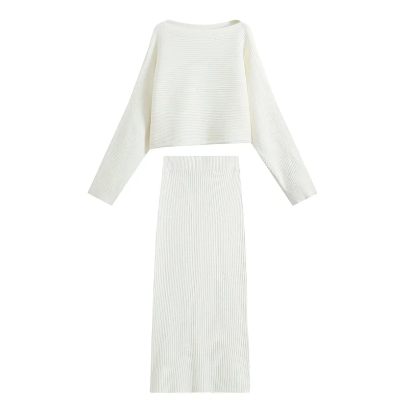 Damen Gerippter Strick-Zweiteiler mit kurzem Bateau-Pullover und tailliertem Midirock Drune