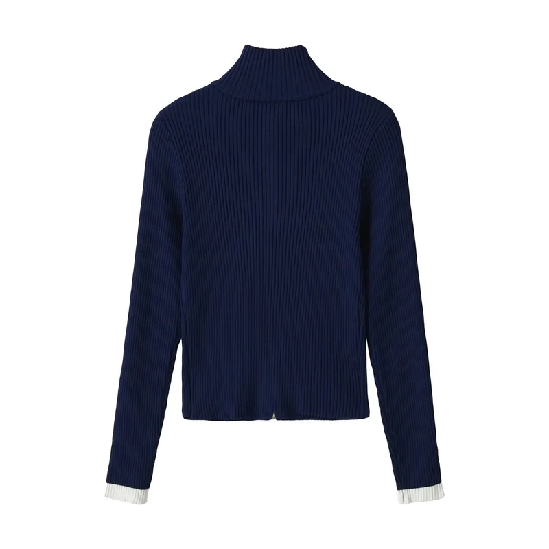 Damen Gerippte Reißverschluss-Strickjacke mit Stehkragen und Kontrastbündchen Drune