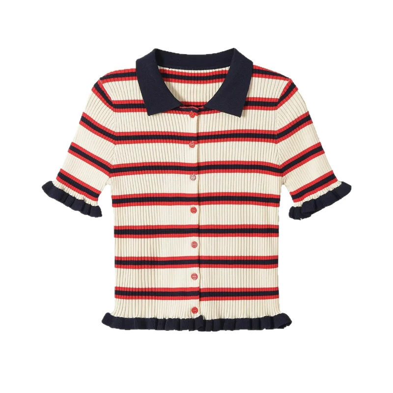 Damen Gerippte Kurzarm-Polokragen-Strickjacke mit Volantbündchen Drune