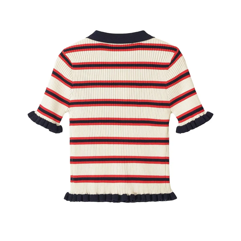 Damen Gerippte Kurzarm-Polokragen-Strickjacke mit Volantbündchen Drune