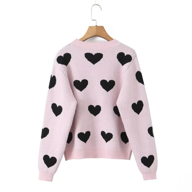 Damen Gemusterter Oversize Strickpullover mit Herzjacquard und Rundhalsausschnitt Drune