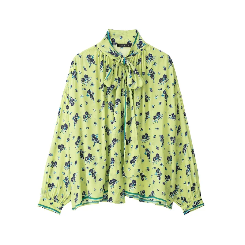 Damen Geblümte Chiffonbluse mit Schleifenkragen und Ballonärmeln Drune