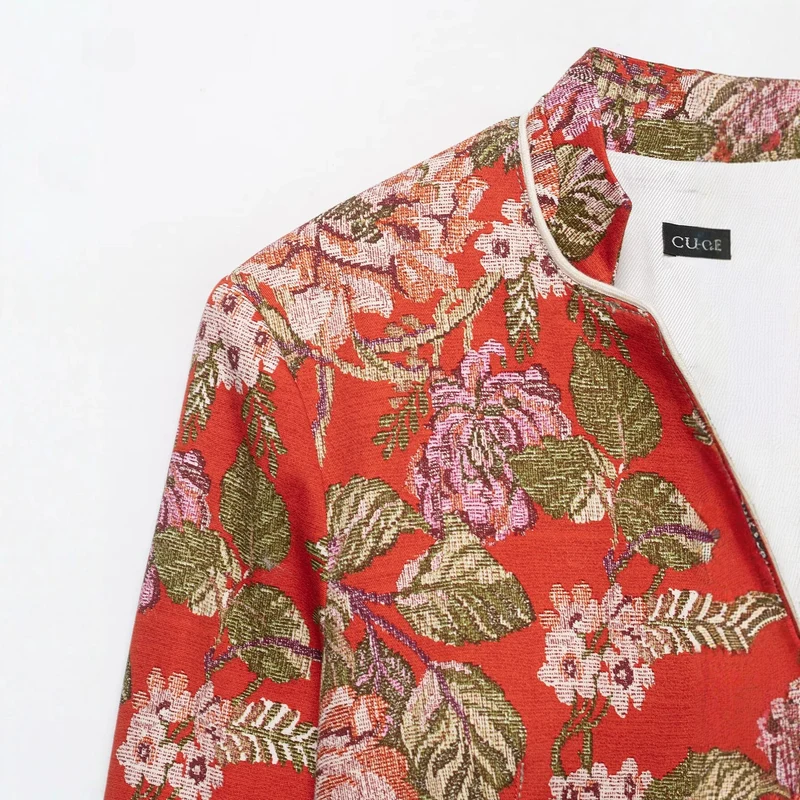 Damen floral gewebte Jacquard‑Bouclé Kurzjacke mit Stehkragen Drune