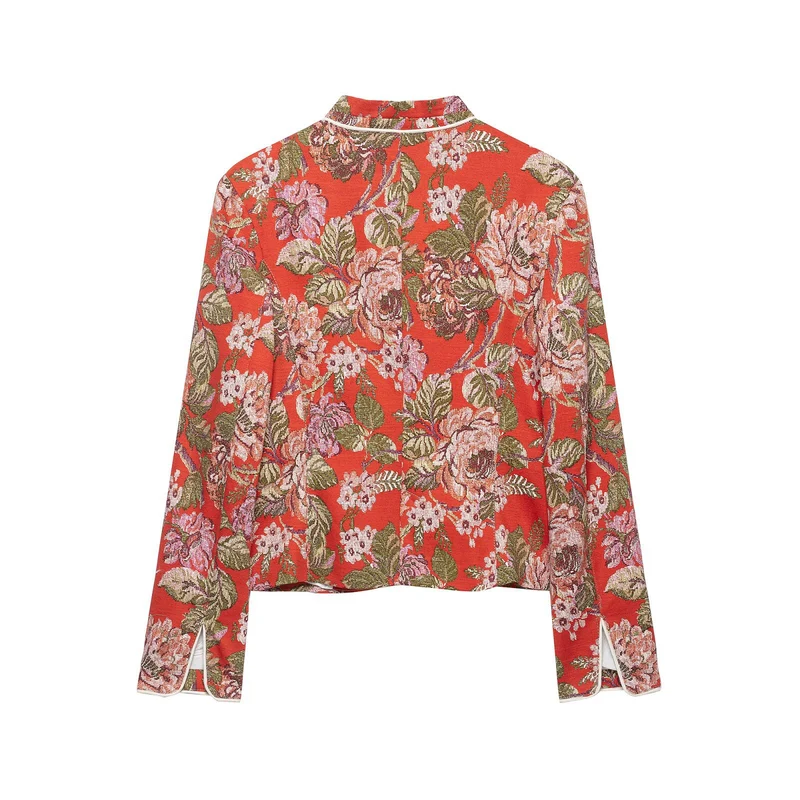Damen floral gewebte Jacquard‑Bouclé Kurzjacke mit Stehkragen Drune
