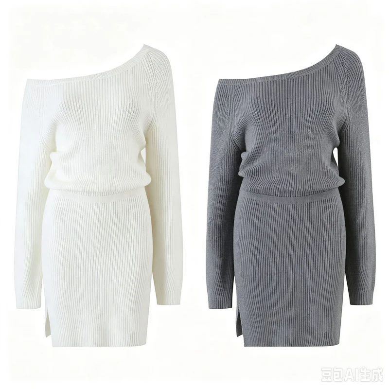 Damen Figurbetontes Rippstrick-Minikleid mit Ein-Schulter-Design und Taillenbündchen Drune