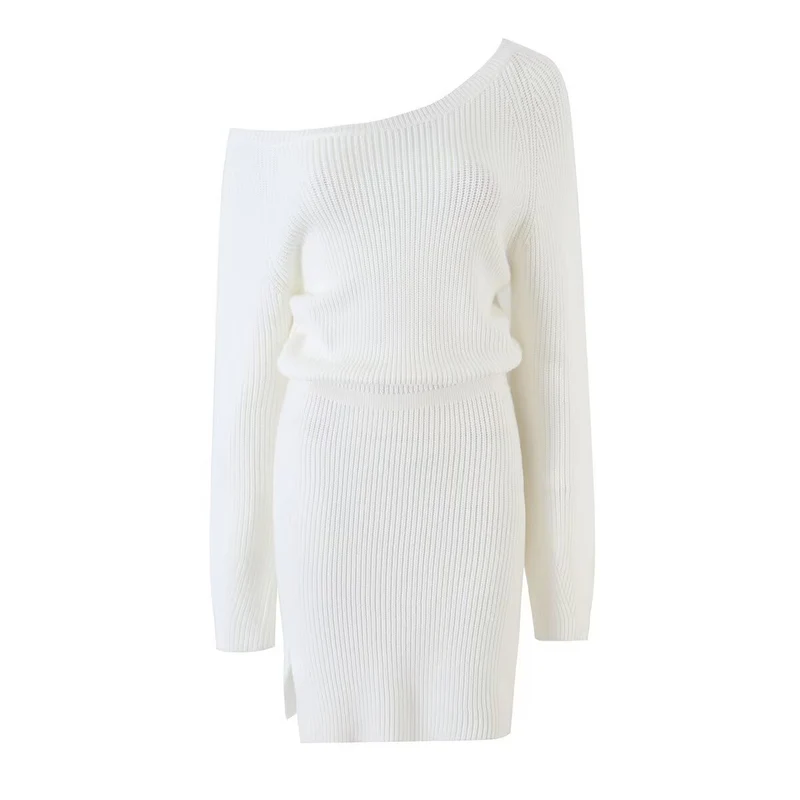 Damen Figurbetontes Rippstrick-Minikleid mit Ein-Schulter-Design und Taillenbündchen Drune