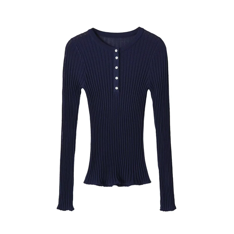 Damen Feinstrick-Longsleeve mit Rippstruktur und Knopfleiste Drune