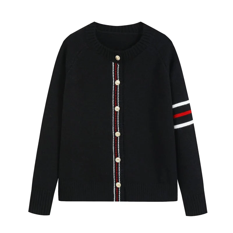 Damen Feinstrick-Cardigan mit Kontraststreifen und goldenen Zierknöpfen Drune