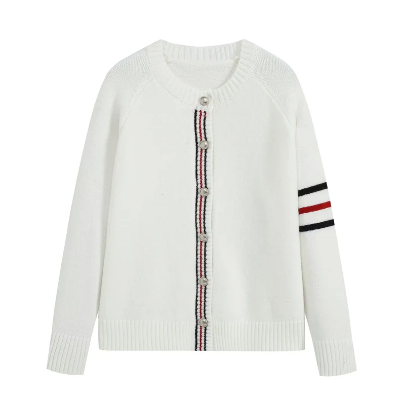 Damen Feinstrick-Cardigan mit Kontraststreifen und goldenen Zierknöpfen Drune