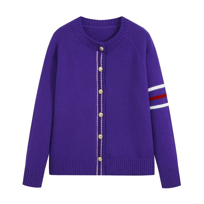 Damen Feinstrick-Cardigan mit Kontraststreifen und goldenen Zierknöpfen Drune