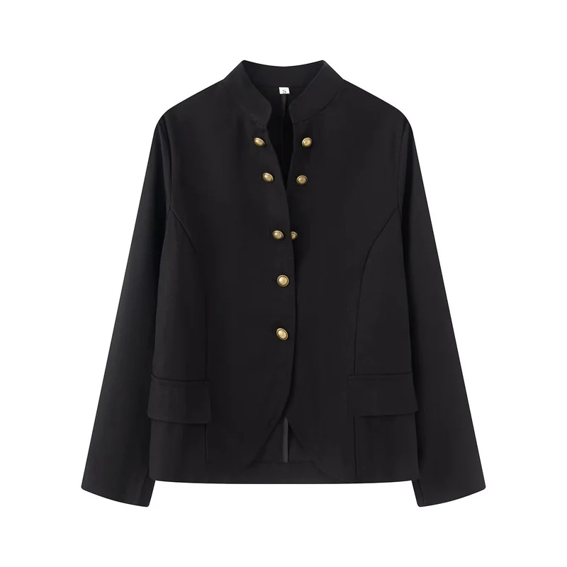 Damen Elegante Kurzjacke mit Stehkragen, Zierriegelknöpfen und Pattentaschen Drune