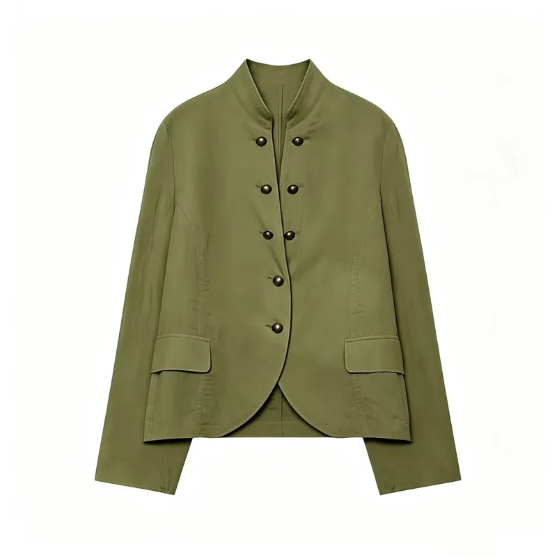 Damen Elegante Kurzjacke mit Stehkragen, Zierriegelknöpfen und Pattentaschen Drune