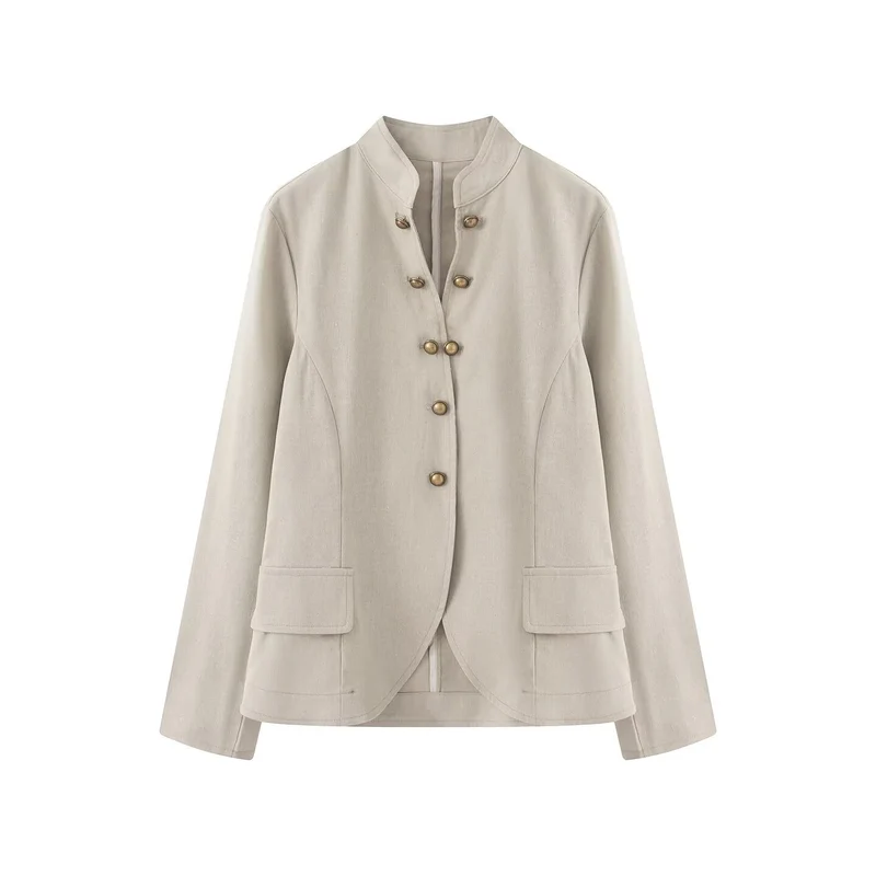 Damen Elegante Kurzjacke mit Stehkragen, Zierriegelknöpfen und Pattentaschen Drune