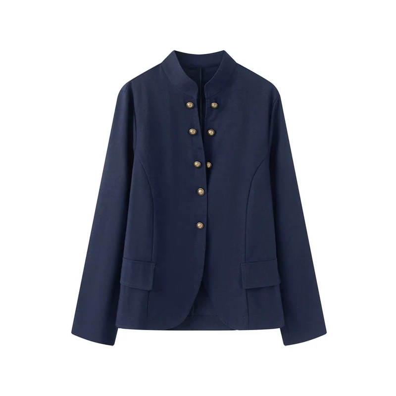 Damen Elegante Kurzjacke mit Stehkragen, Zierriegelknöpfen und Pattentaschen Drune