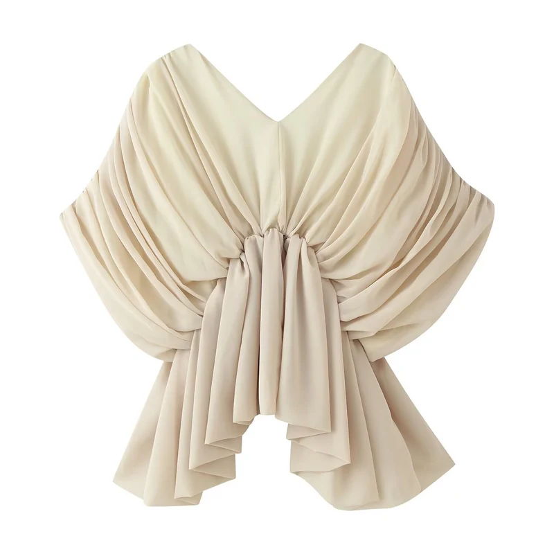 Damen Drapiertes Chiffon-Top mit tiefem V‑Ausschnitt und Volant‑Cape Drune