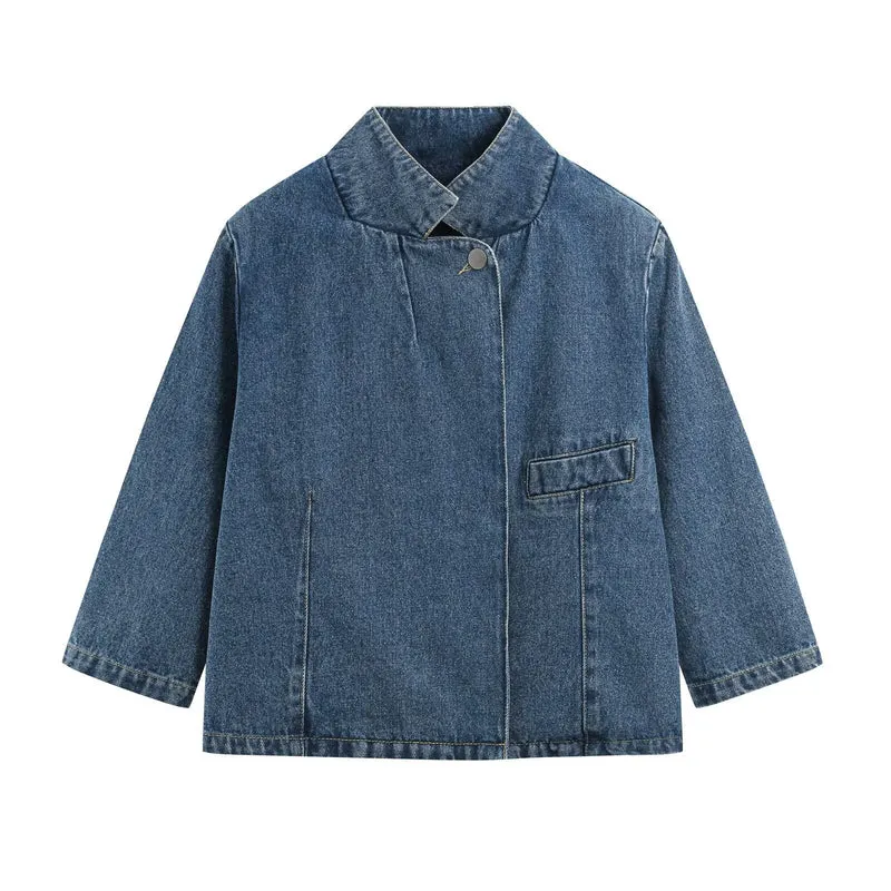 Damen Denim-Set aus boxiger Jacke mit Stehkragen und hochgeschnittener Schlaghose Drune