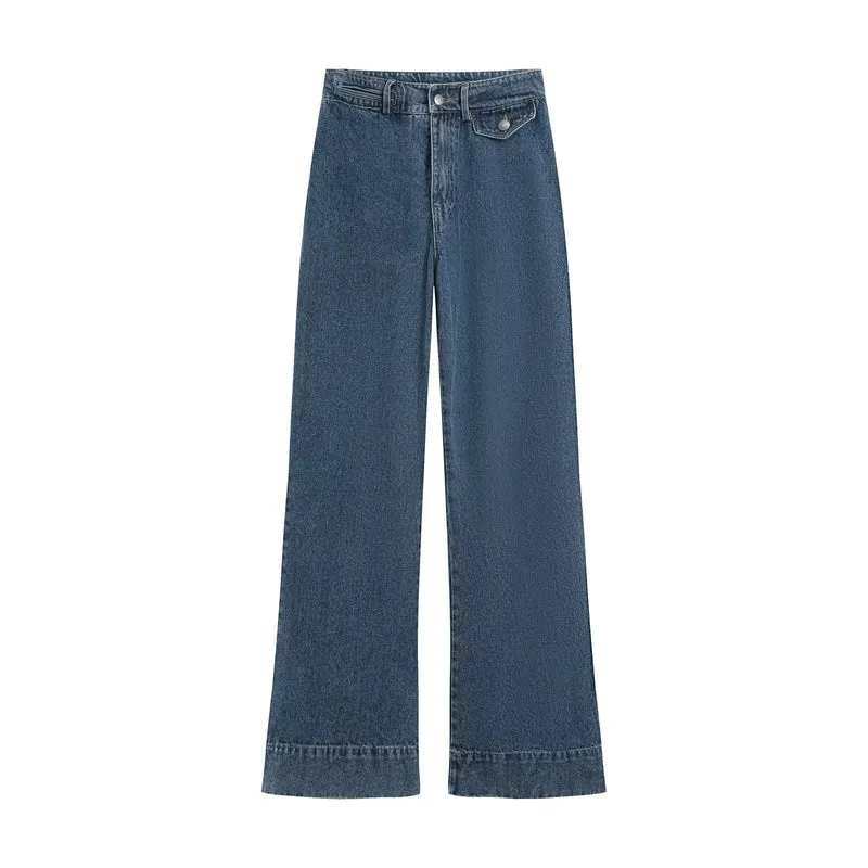 Damen Denim-Set aus boxiger Jacke mit Stehkragen und hochgeschnittener Schlaghose Drune