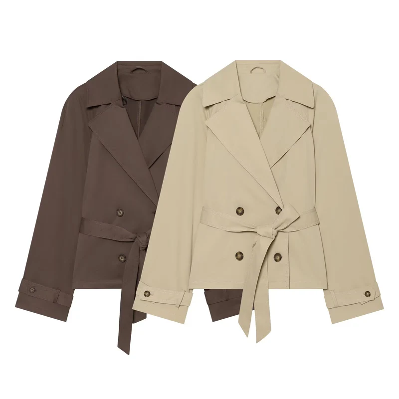 Damen Cropped Trenchjacke im Boxy‑Schnitt mit breitem Revers und Bindegürtel Drune