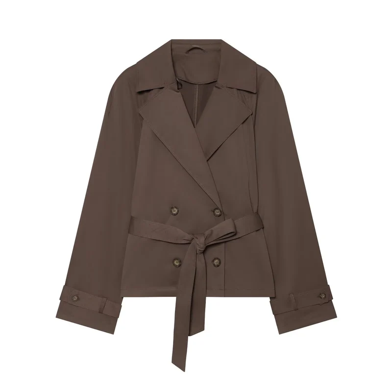 Damen Cropped Trenchjacke im Boxy‑Schnitt mit breitem Revers und Bindegürtel Drune