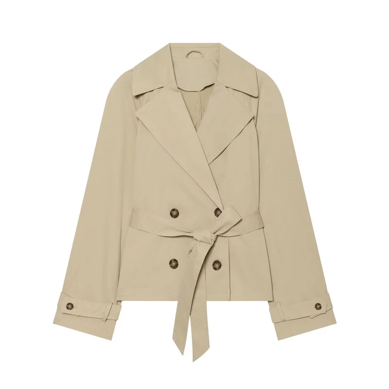 Damen Cropped Trenchjacke im Boxy‑Schnitt mit breitem Revers und Bindegürtel Drune