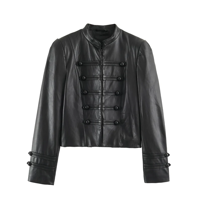 Damen Cropped-Lederoptik-Jacke im militärisch inspirierten Design mit Stehkragen und Zierdöbeln Drune